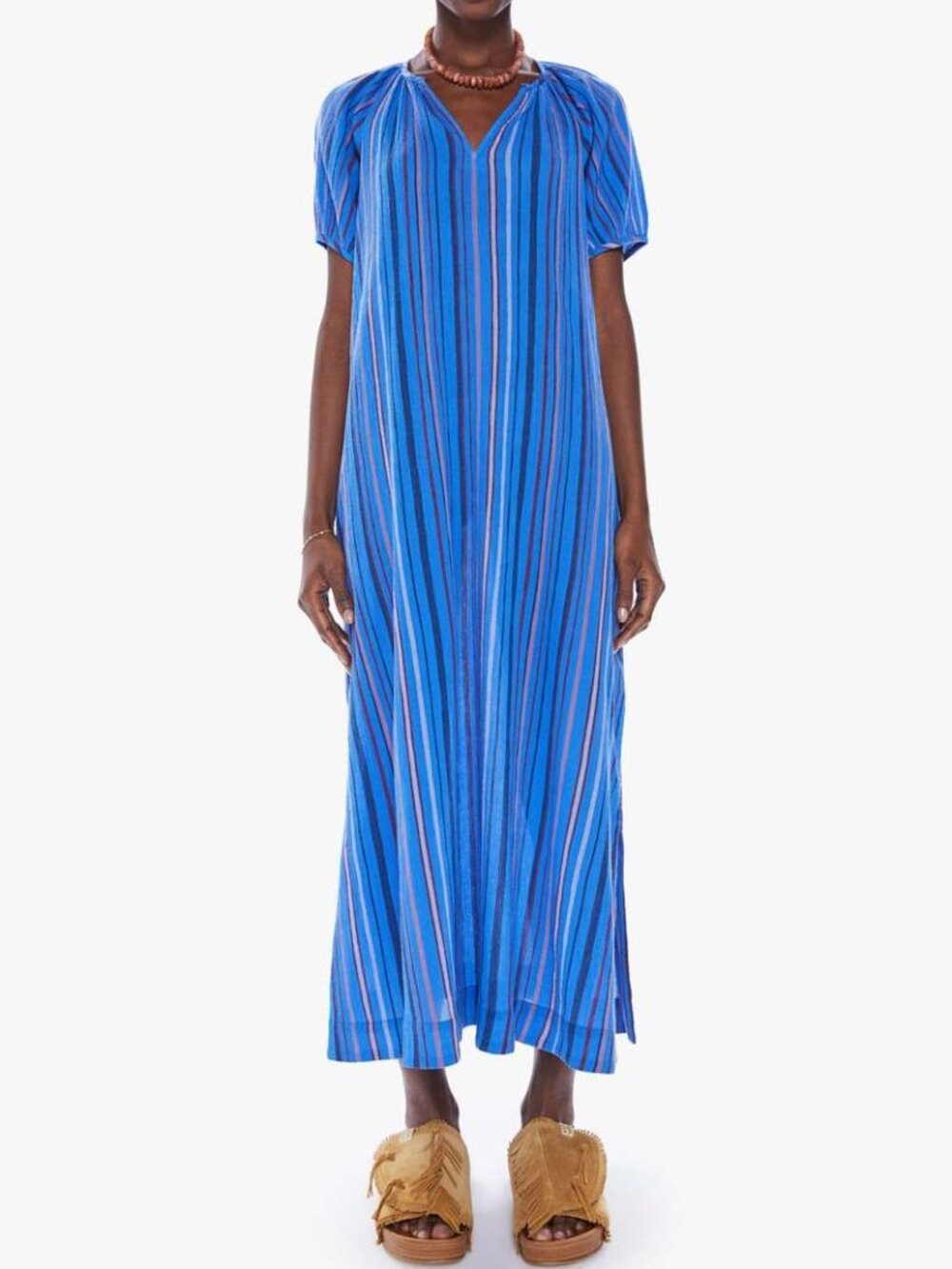 MOTHER The Beach Please Tunic Blue Multi Stripe Cotton Puff Sleeve Dress S